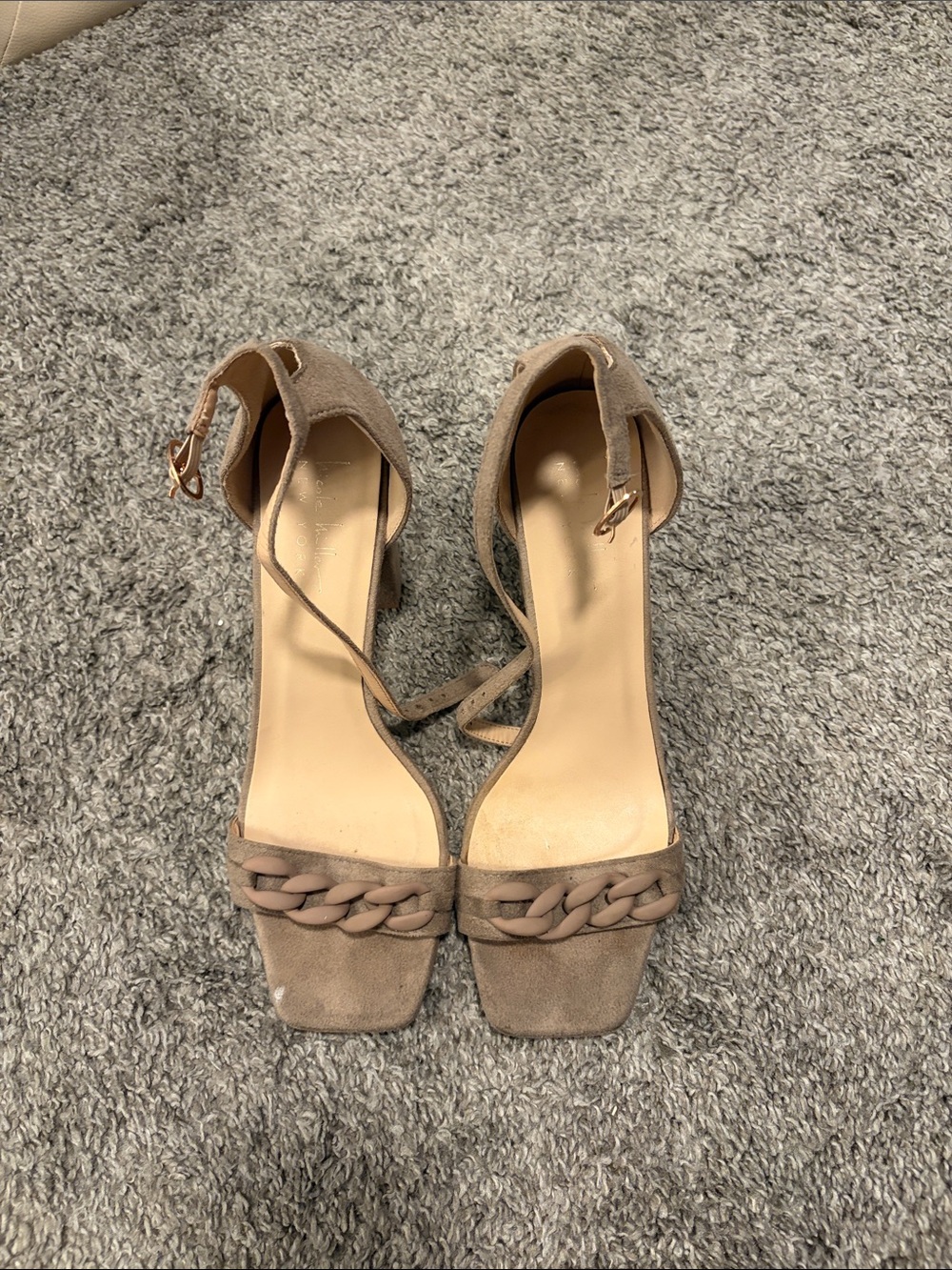 Braided-Strap Suede Block Heel Sandals in Taupe